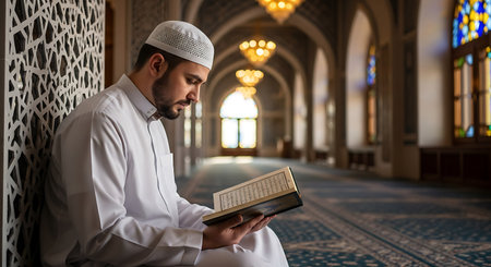 Young Muslim Man Reading The Koran in the Mosque - Ramadan Kareemの写真素材