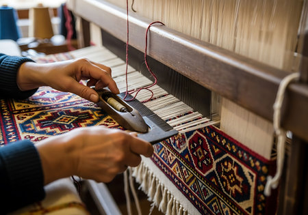 Hand of a woman weaving a traditional carpet with a loom.の写真素材