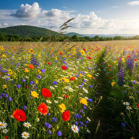 summer meadow with poppies, cornflowers and wildflowers