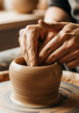 hands of a potter, creating an earthen jar on the circle