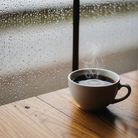 Coffee cup on the wooden table with rain drops on windowの写真素材