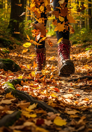 Female legs in sport shoes walking in autumn forest with fallen leaves.の写真素材