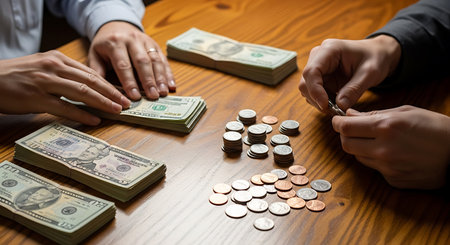 Close-up of the hands of a businessman and a businesswoman counting money.