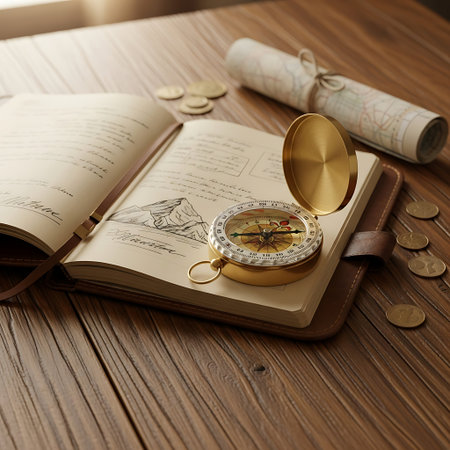 Compass, map and book on wooden table. Travel concept.の写真素材