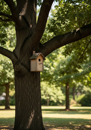 Wooden birdhouse on a tree in a park in the summerの写真素材