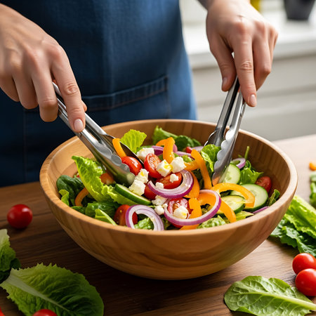 Close-up of female hands with fork and knife in wooden bowl with vegetable saladの写真素材