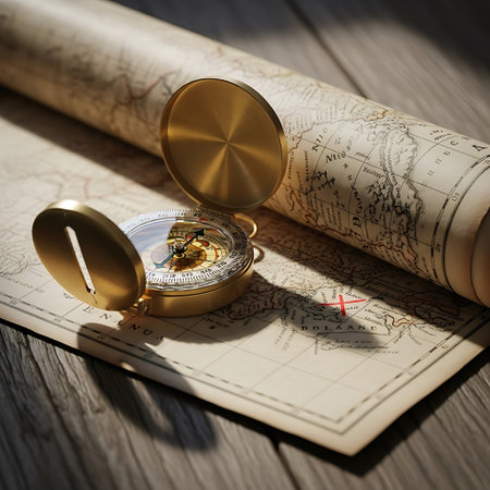 Compass and map on wooden table. Vintage style toned imageの写真素材