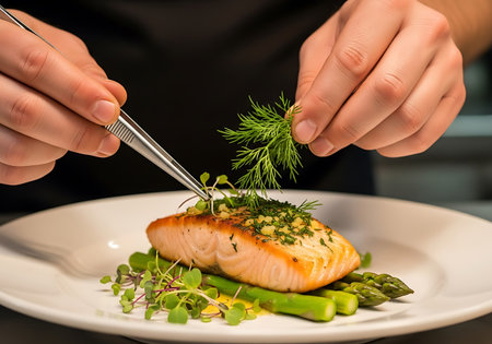 Chef cooking salmon fillet with asparagus and greeneryの写真素材