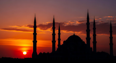 Silhouette of mosque at sunset, Istanbul, Turkey. Beautiful background.