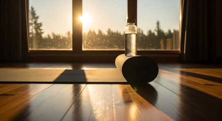 Water bottle, yoga mat, and yoga block on the floor in the living room at sunset.の写真素材