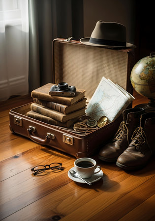 Vintage suitcase, hat, map, coffee cup and eyeglasses