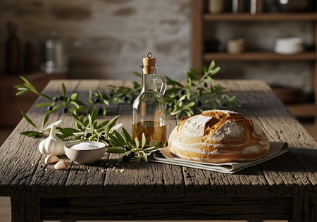 Olive oil, bread and olive branch on wooden table in kitchen
