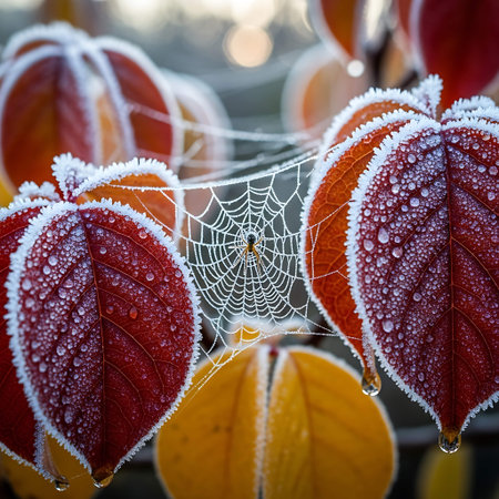 Spider web covered with hoarfrost and autumn leaves in the backgroundの写真素材
