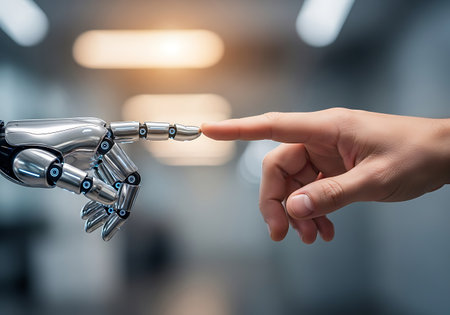 Close up of human hand touching robot arm with finger. 3d renderingの写真素材