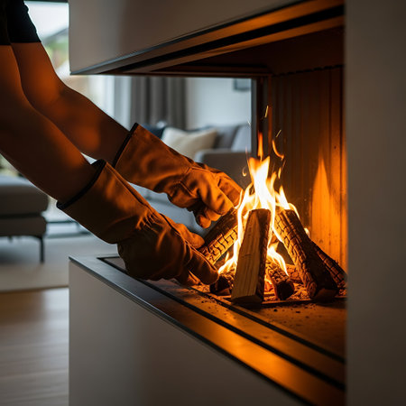 Woman warming her hands in a fireplaceの写真素材