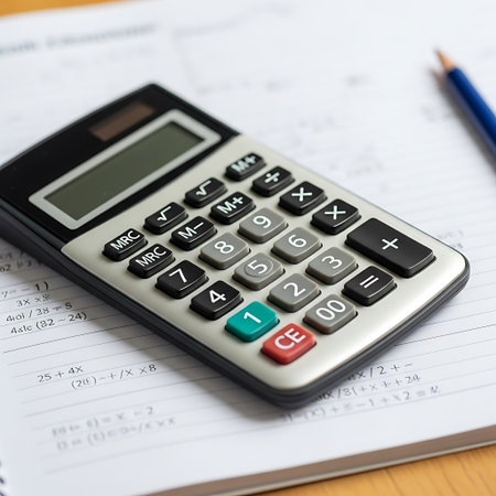 Calculator and pencil on the financial report, business concept.