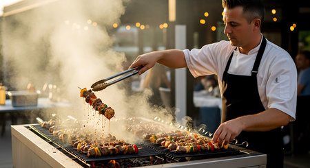 Barbeque chef preparing meat and vegetable skewers on barbecue grillの写真素材