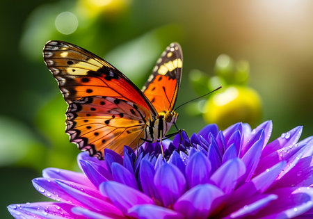 Butterfly on a purple dahlia flower in the gardenの写真素材