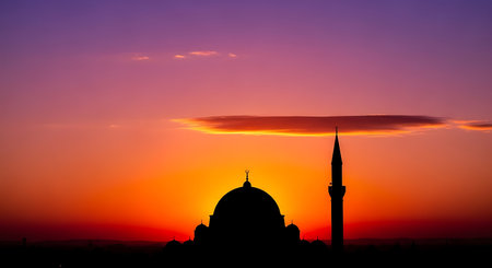 Silhouette of mosque at sunset in Istanbul, Turkey. Beautiful sky background.の写真素材