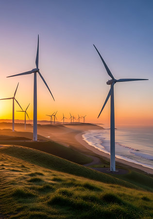 Wind turbines at sunset on the coast of the North Sea in Germany