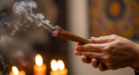 Burning incense sticks close-upの写真素材