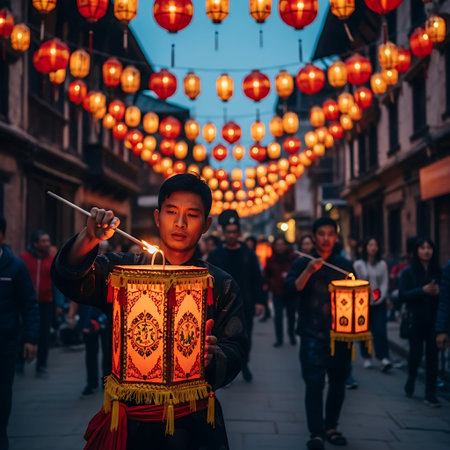 Unidentified asian man lighting a lantern during Chinese New Year celebration.の写真素材