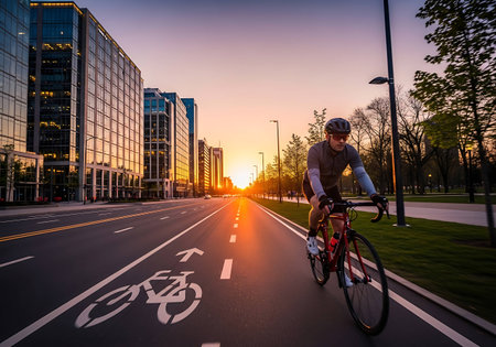 Cyclist riding bicycle in the city at sunset. Sport and healthy lifestyle concept.の写真素材