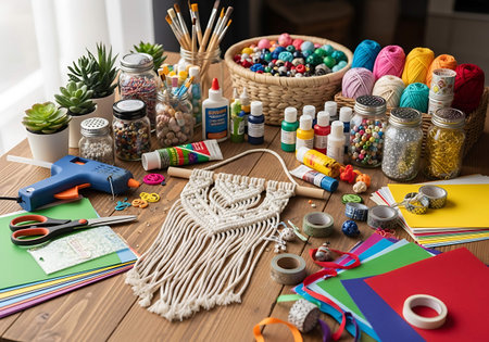 Craft tools and accessories on a wooden table.
