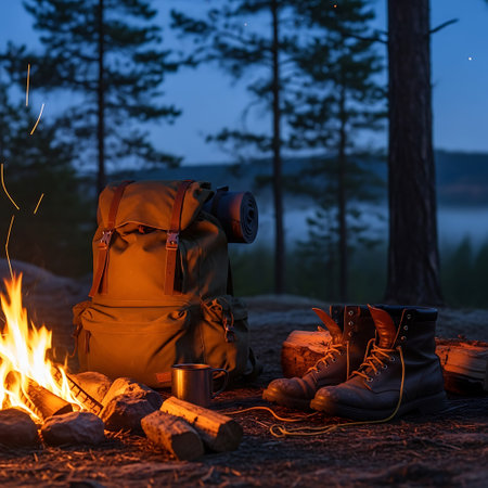 Camping equipment. Backpack, binoculars, trekking boots, campfire in the forest at night.の写真素材