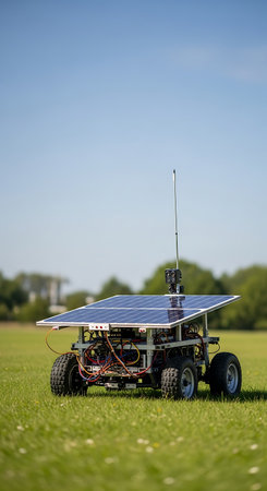 Robot with solar panel on the field. Concept of new technologiesの写真素材