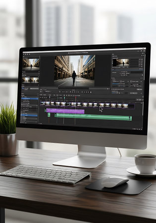 Modern workplace with computer and other devices. All screen graphics are made up.
