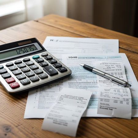 Calculator and pen on tax form with calculator on wooden tableの写真素材