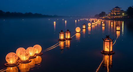 Beautiful lanterns on the lake in the evening, China.の写真素材