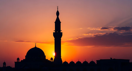 Silhouette of mosque at sunset. Ramadan Kareem background.の写真素材