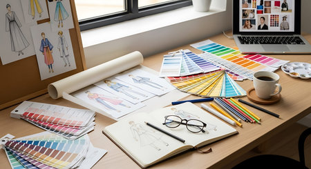 Designer workplace with laptop, color swatches and sketches on wooden table