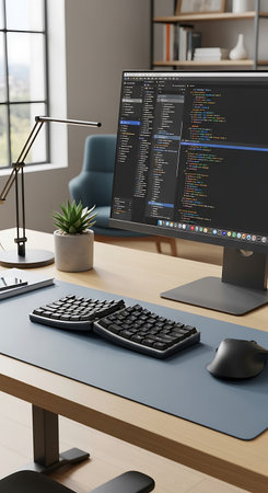Modern computer and mouse on table in office, 3d render. Computer programming conceptの写真素材