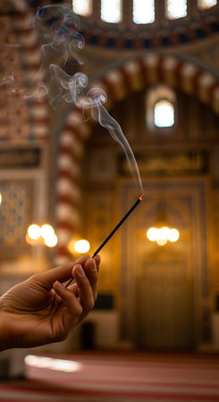 Close up of a hand holding a burning incense stick in a mosqueの写真素材