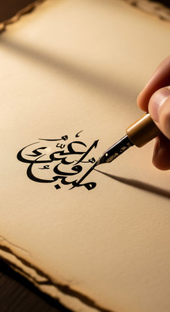 Hand writing calligraphy with a fountain pen on a piece of paperの写真素材