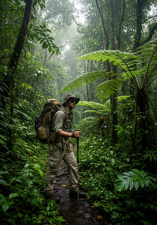Hiker with backpack and trekking poles in tropical rain forest.の写真素材