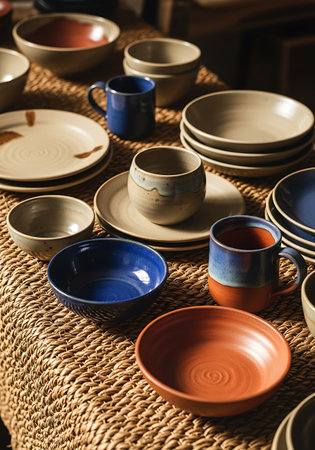 Ceramic tableware. Ceramic tableware on the tableの写真素材