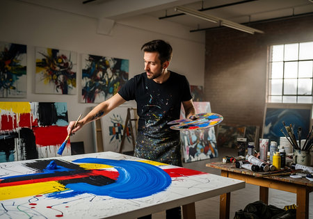 Young male artist painting on canvas with oil paints in his studio.の写真素材