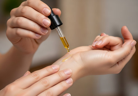 Close up of a woman's hands applying oil on her hand.の写真素材