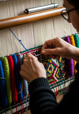 Close-up of a woman's hands weaving a pattern with colored threadsの写真素材