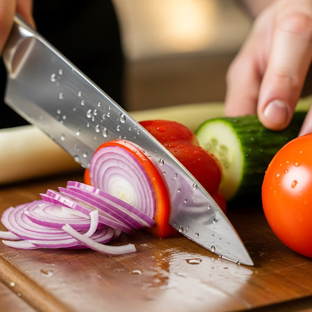 young woman slicing vegetables on a wooden board in the kitchen closeupの写真素材