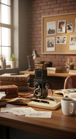 Vintage camera on wooden table in room. Stylish interior designの写真素材