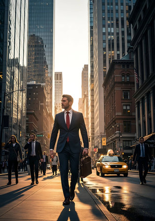 Businessman walking down a street in Manhattan, New York City.の写真素材