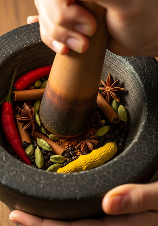 Mortar and pestle with spices on wooden table, closeupの写真素材