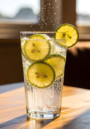 A glass of lemonade with ice cubes and lime slices on the tableの写真素材
