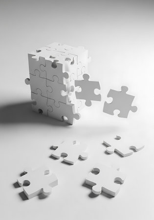 3d rendering of a group of puzzle pieces in a white backgroundの写真素材