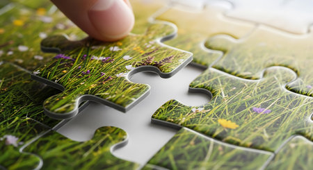 Close-up image of human hand placing jigsaw puzzle piece on grassの写真素材